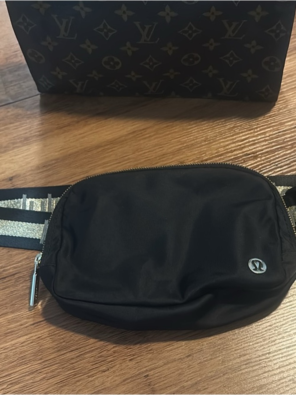 lululemon athletica Black Crossbody Waist Pack with Metallic Striped Strap